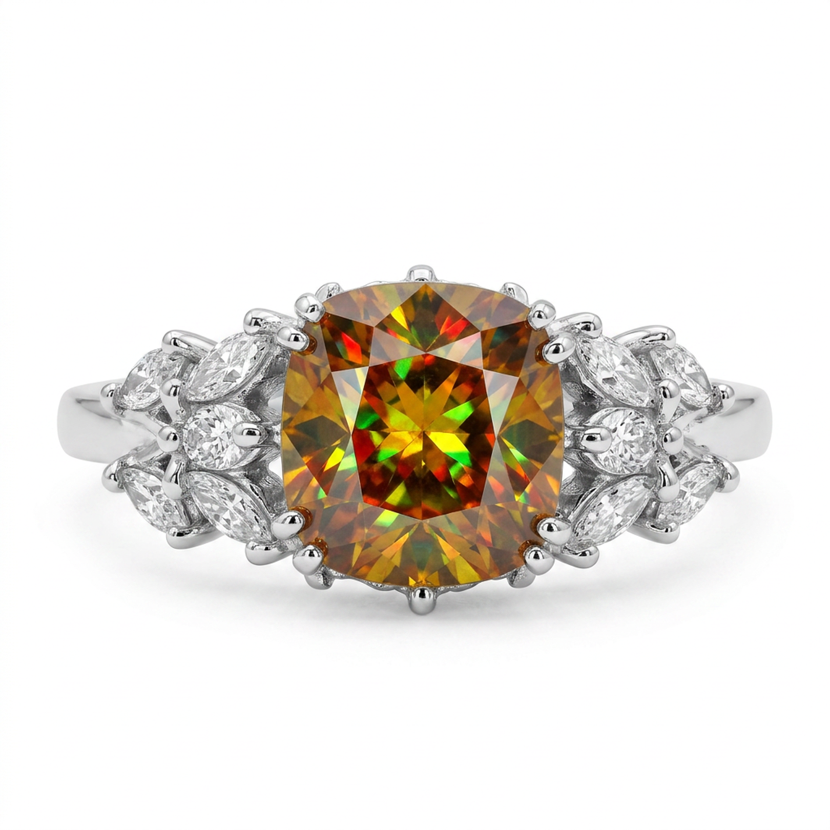 Autumn-colored cushion gemstone ring with marquise and round diamond accents