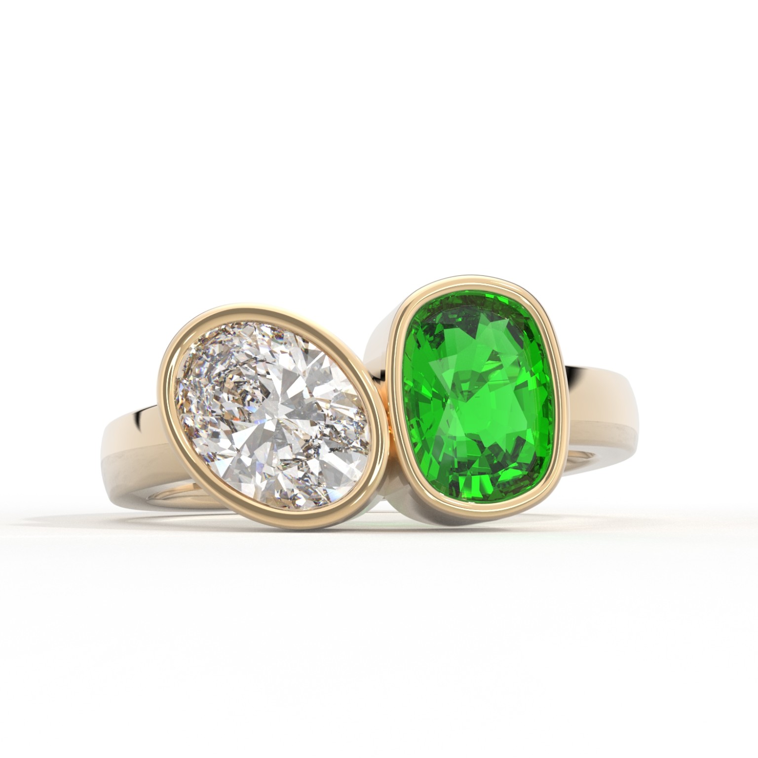 Diamond and green gemstone bezel rings