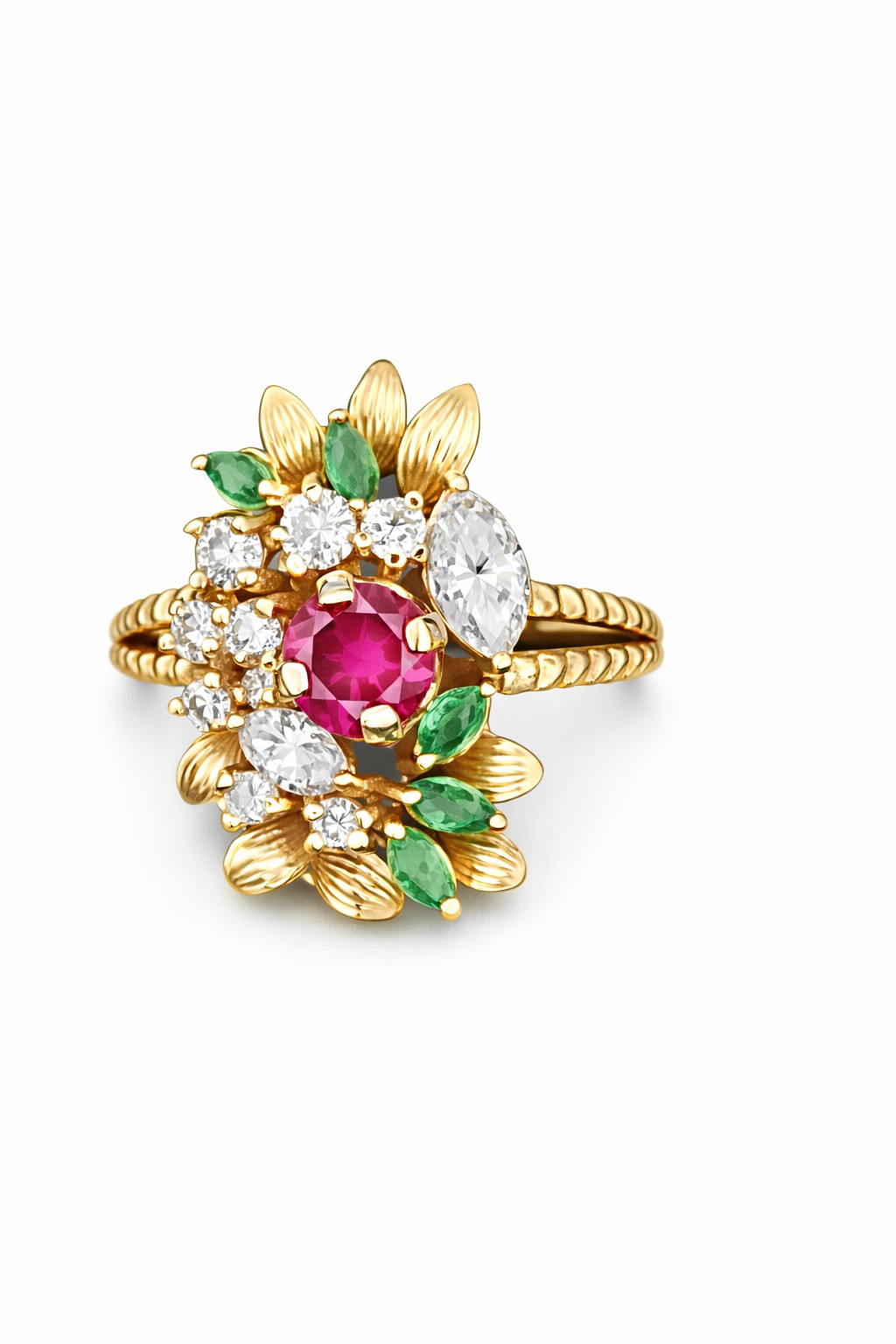 Ruby, emerald and diamond floral ring
