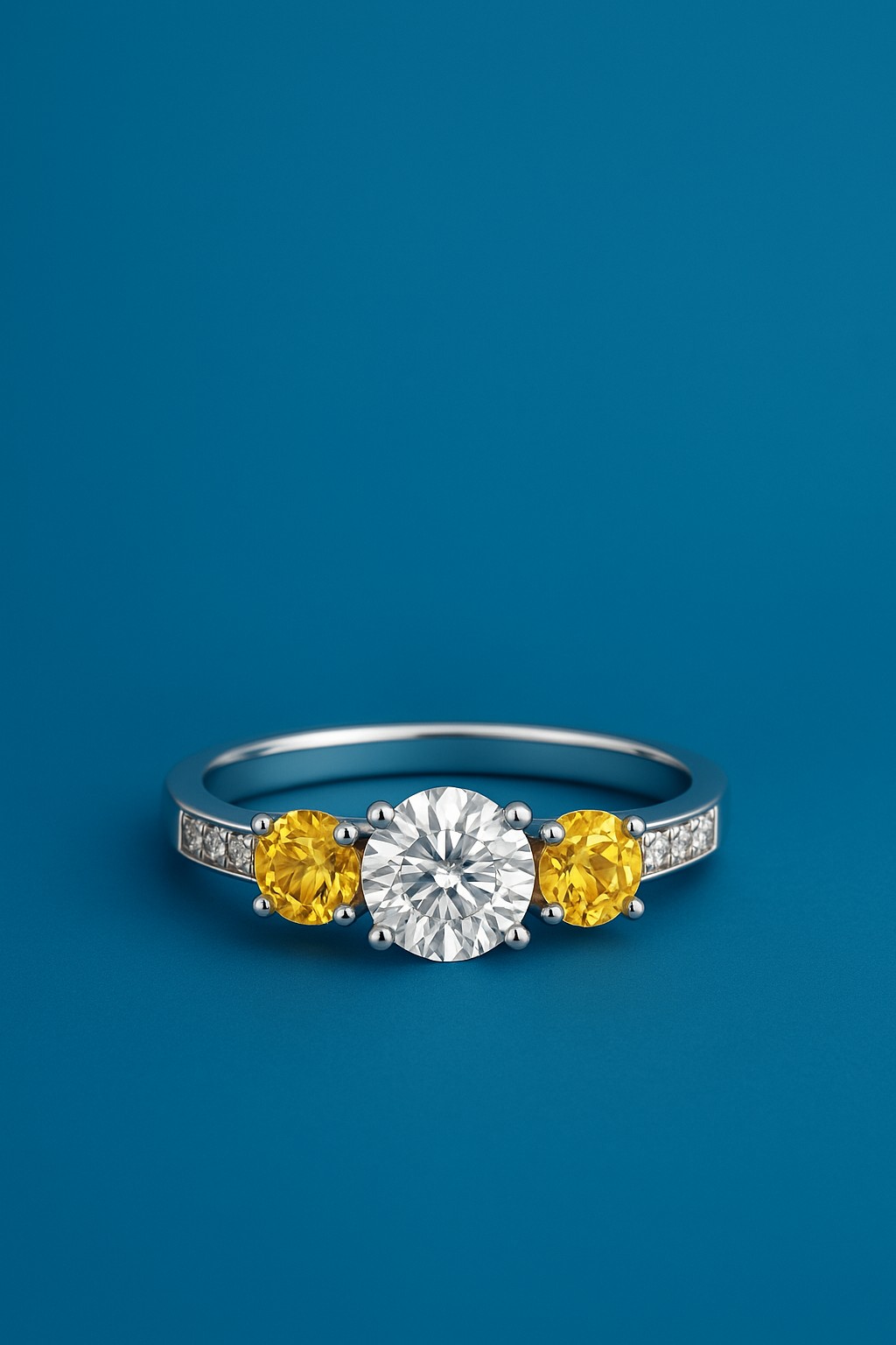 White and yellow diamond three-stone ring