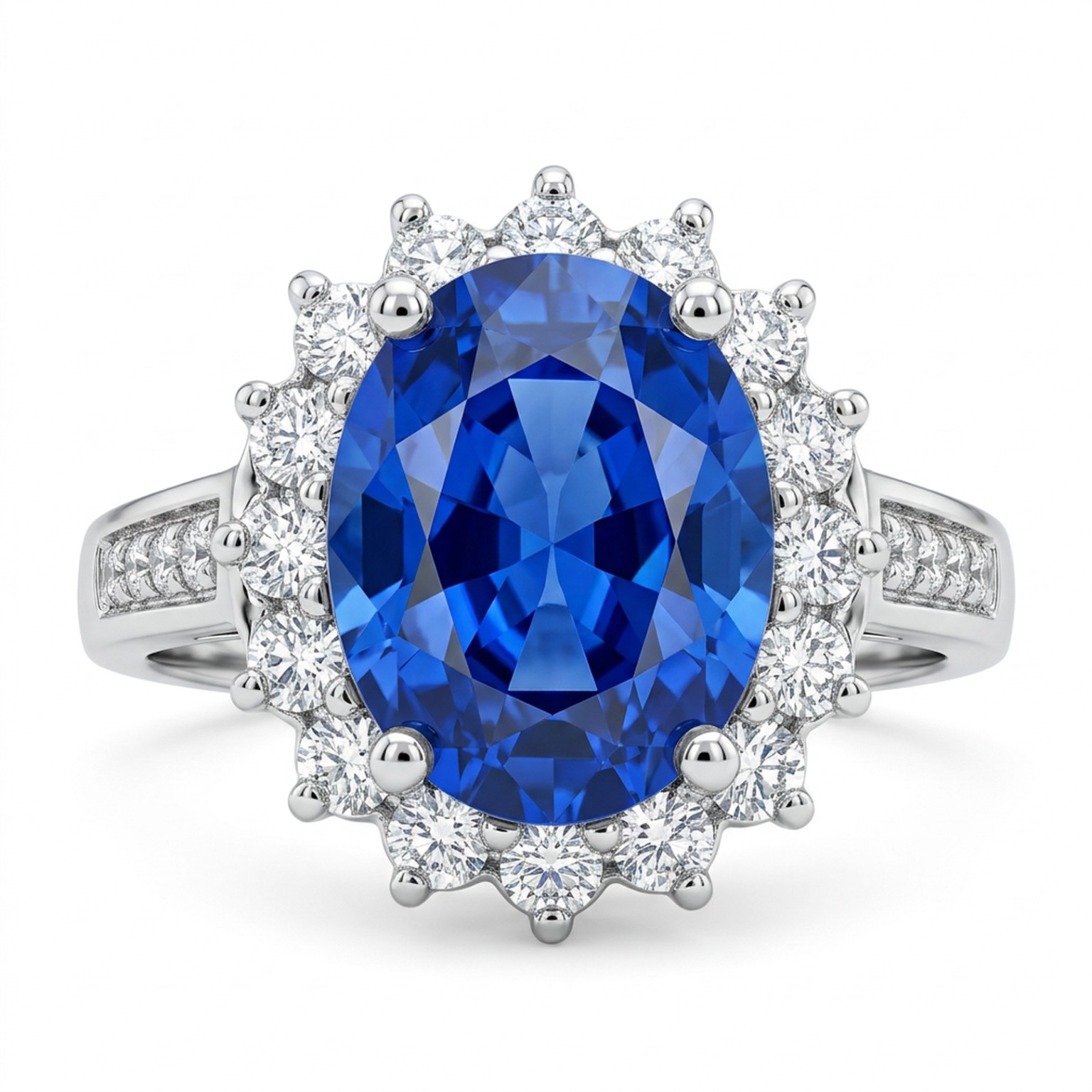 Oval blue gemstone halo ring